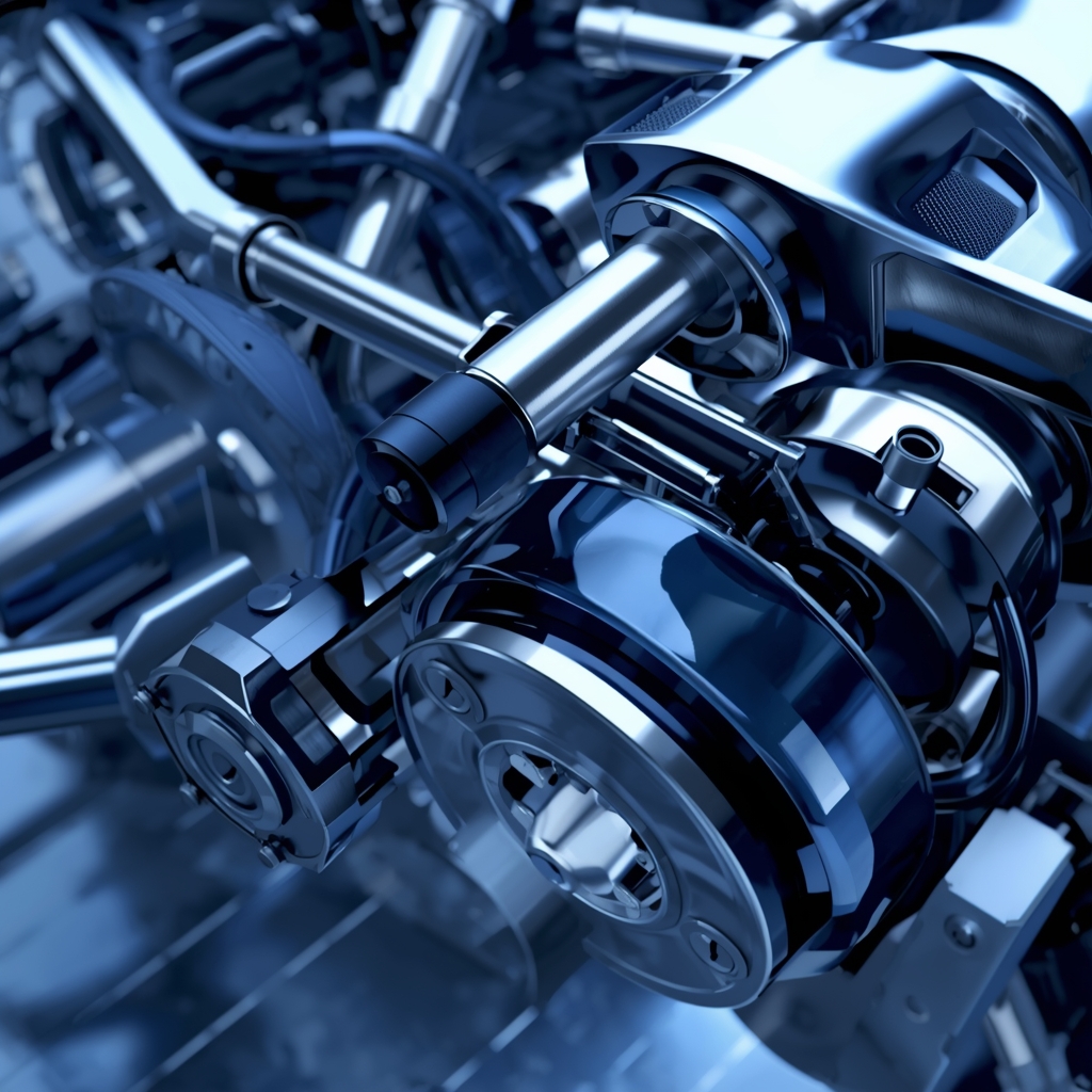Abstract 3D render of a car suspension system, metallic textures, engineering blueprint style, blue and white lighting